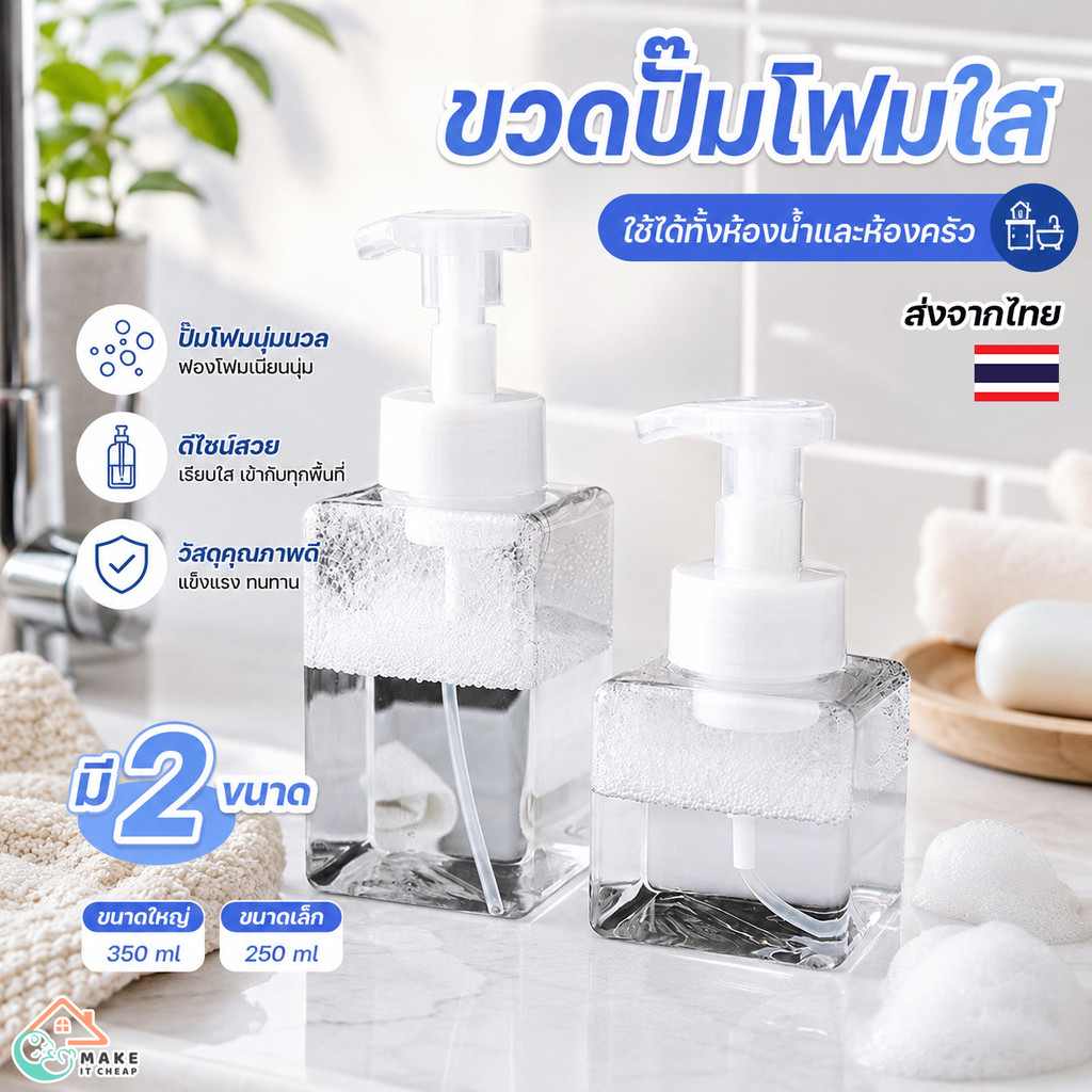 ขวดปั๊มโฟมใส ขนาด 250/450 มล. ปั๊มสบู่เป็นโฟมนุ่ม ปลอดภัย พลาสติกหนาแข็งแรง ใช้งานได้สะดวก