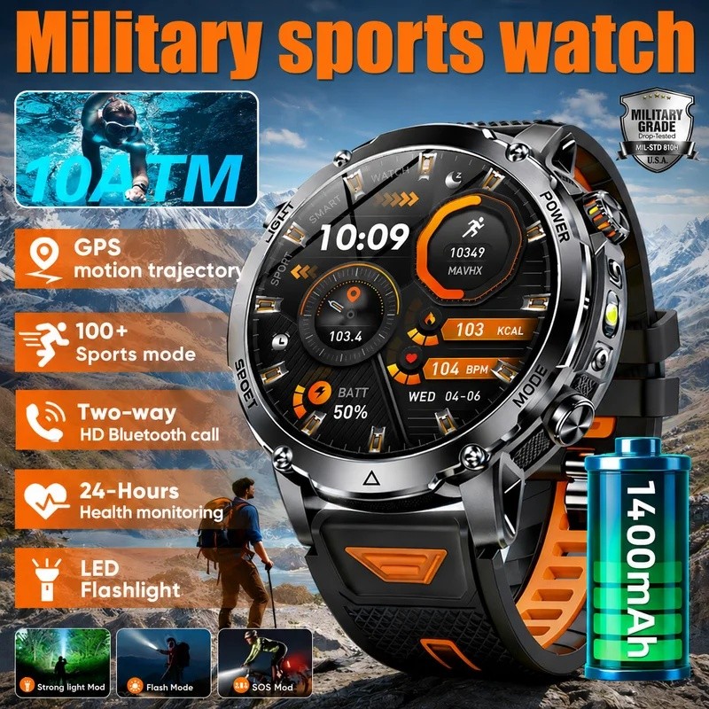 TANK Ultra 106 1400mAh แบตเตอรี่ทหารสมาร์ทนาฬิกากันน้ํา Heart Rate ไฟฉายสร้อยข้อมือกีฬา Smartwatch ผู้ชาย