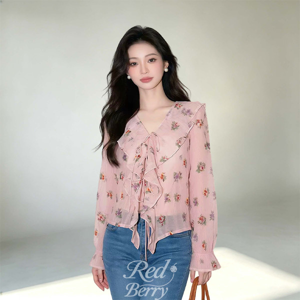 Red Berryเสื้อเชิ้ตลายดอกคอวีสำหรับผู้หญิง สไตล์รีสอร์ต แต่งโบที่คอและระบาย เหมาะสำหรับฤดูร้อน#99516