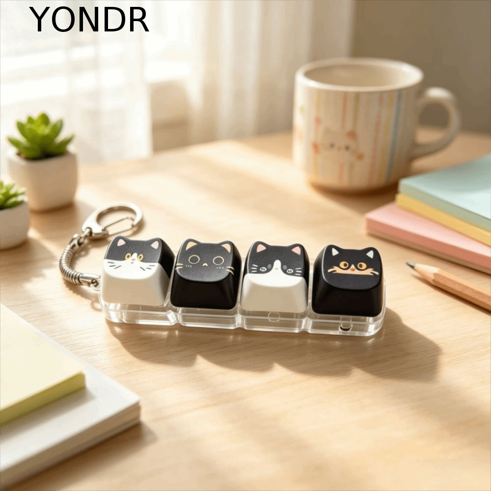 YONDR Cat Mechanical Keyboard Keyring, 4-Key Finger-Tip กดปุ่ม Cat Fidget Clicker พวงกุญแจ, แมวน่ารัก Creative Kawaii คีย์บอร์ดนิ้วจี้ของขวัญสําหรับแฟนลูกแมว