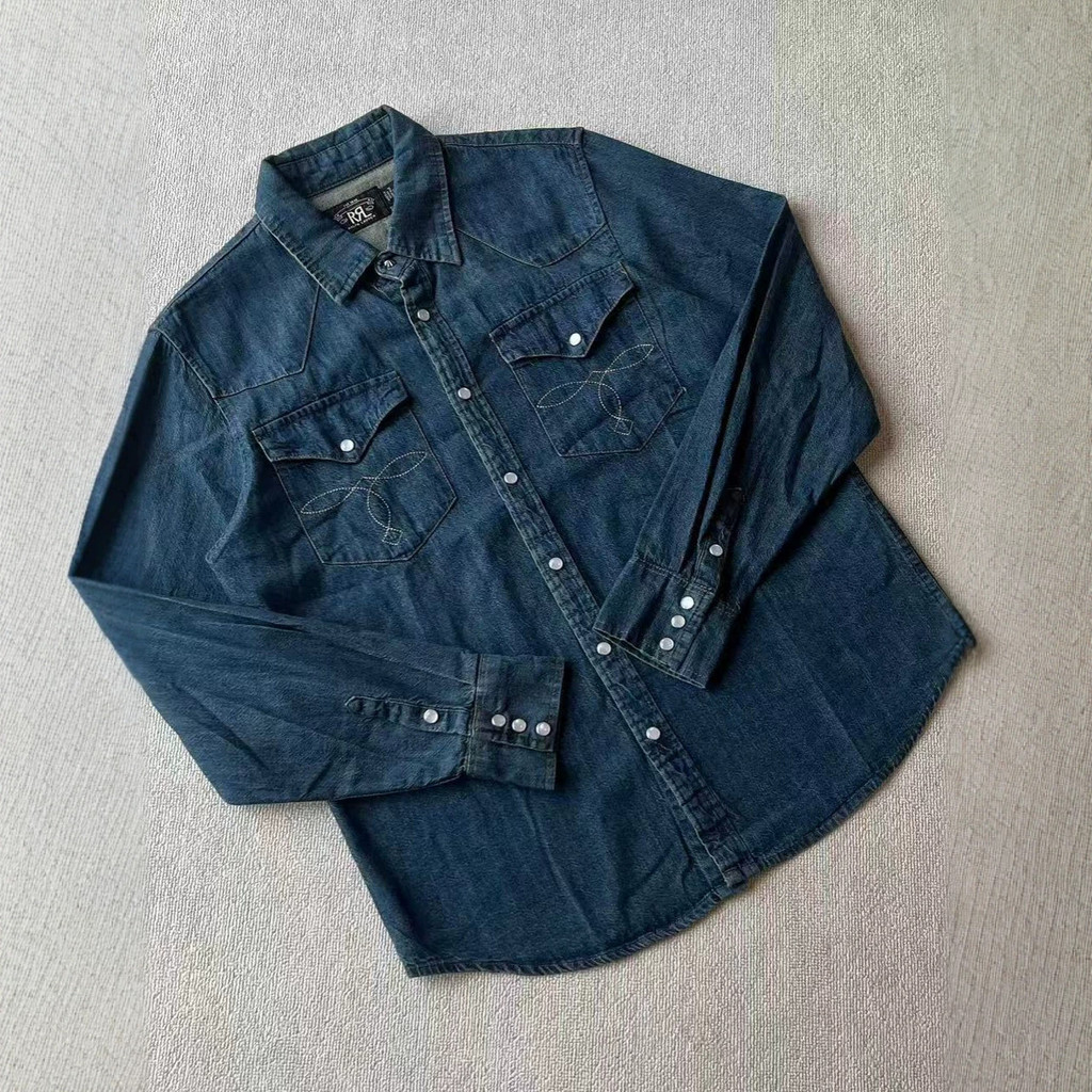 QNR3 RRL เสื้อเชิ้ตยีนส์คลาสสิก Workwear รุ่นยีนส์วินเทจล้าง Distressed Top Jacket เสื้อ