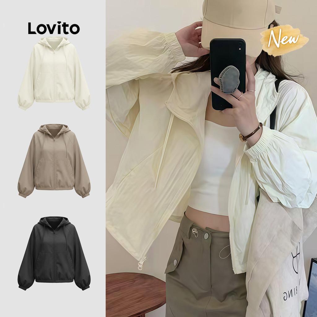 (New Arrival) Lovito  เสื้อแจ็คเก็ตลําลองกันน้ํา สไตล์เรียบง่ายสําหรับฤดูใบไม้ผลิ/ฤดูร้อน แจ็คเก็ตกากีสําหรับผู้หญิง เกาหลี อินเทรนด์ LNA147006