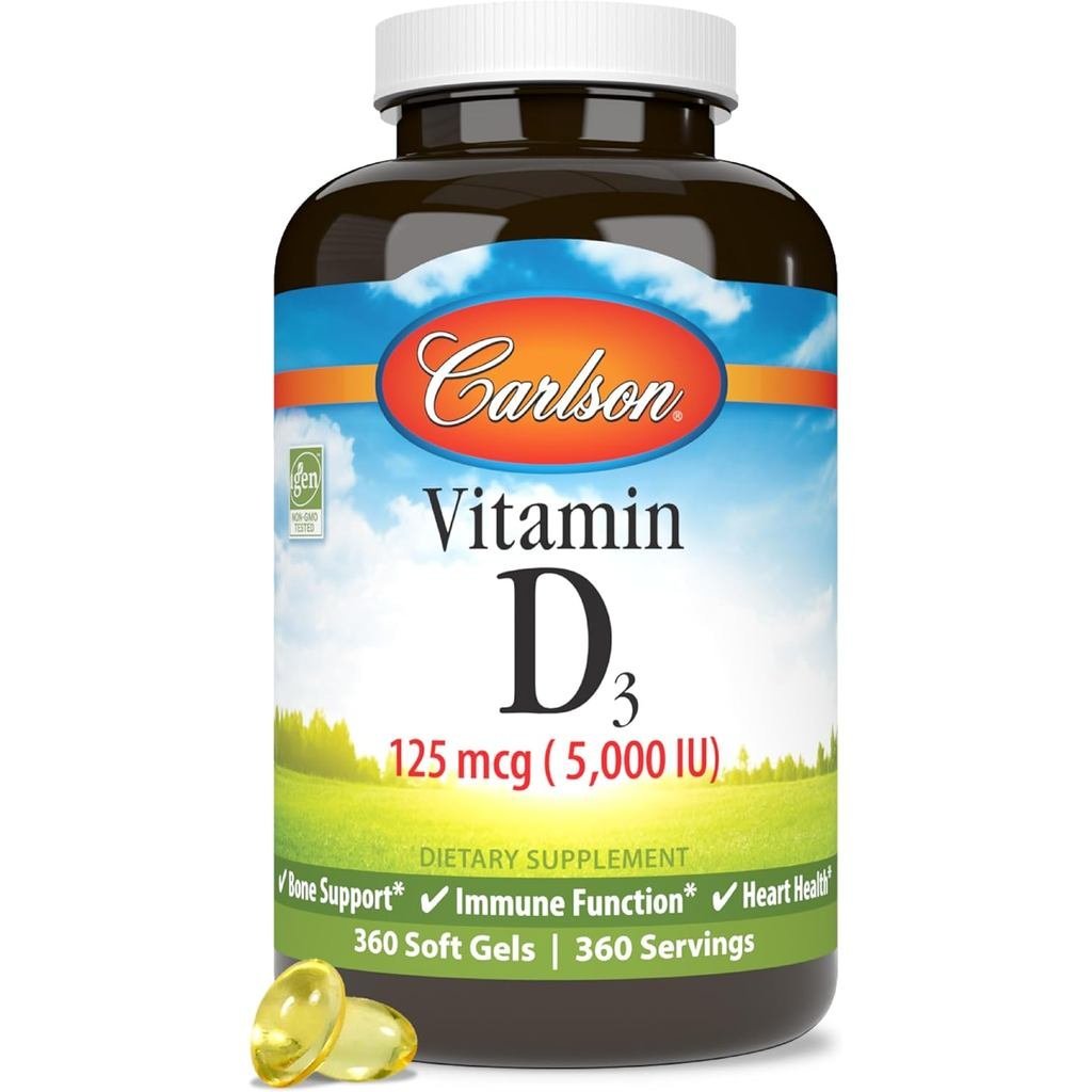 Carlson D3 5000 IU (125 mcg) B Health Muscle Health Cholecalciferol D s D3 Soft Gels 360 Soft Gels