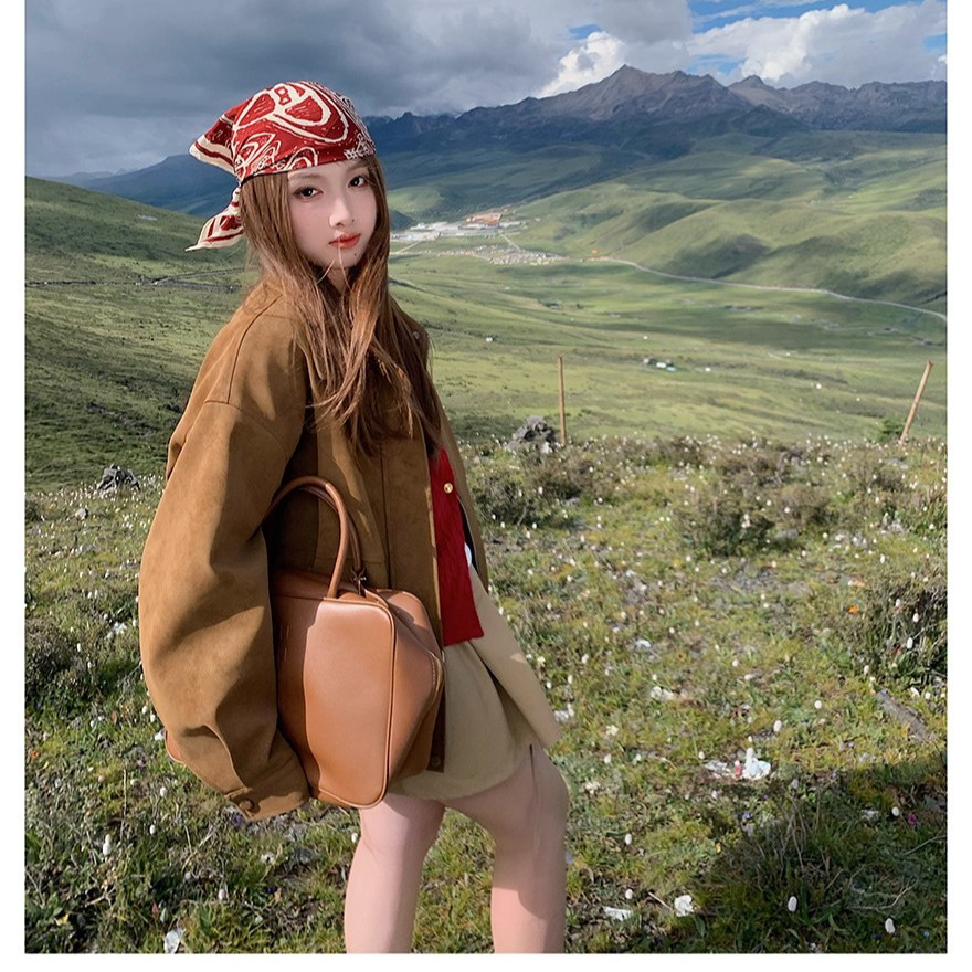 [หนังเกล็ดหิมะดั้งเดิม] Melade Retro Suede Jacket ผู้หญิงฤดูใบไม้ร่วงหลวม Lapel Casual Motorcycle Ja