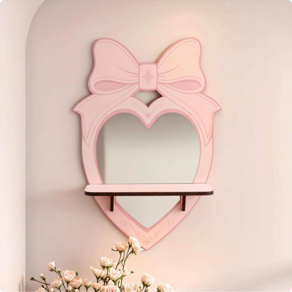[Whgirld8] Bow Wall Shelf with Mirror Romantic Heart Shelf with Mirror Shelf Multi-Functional Simple