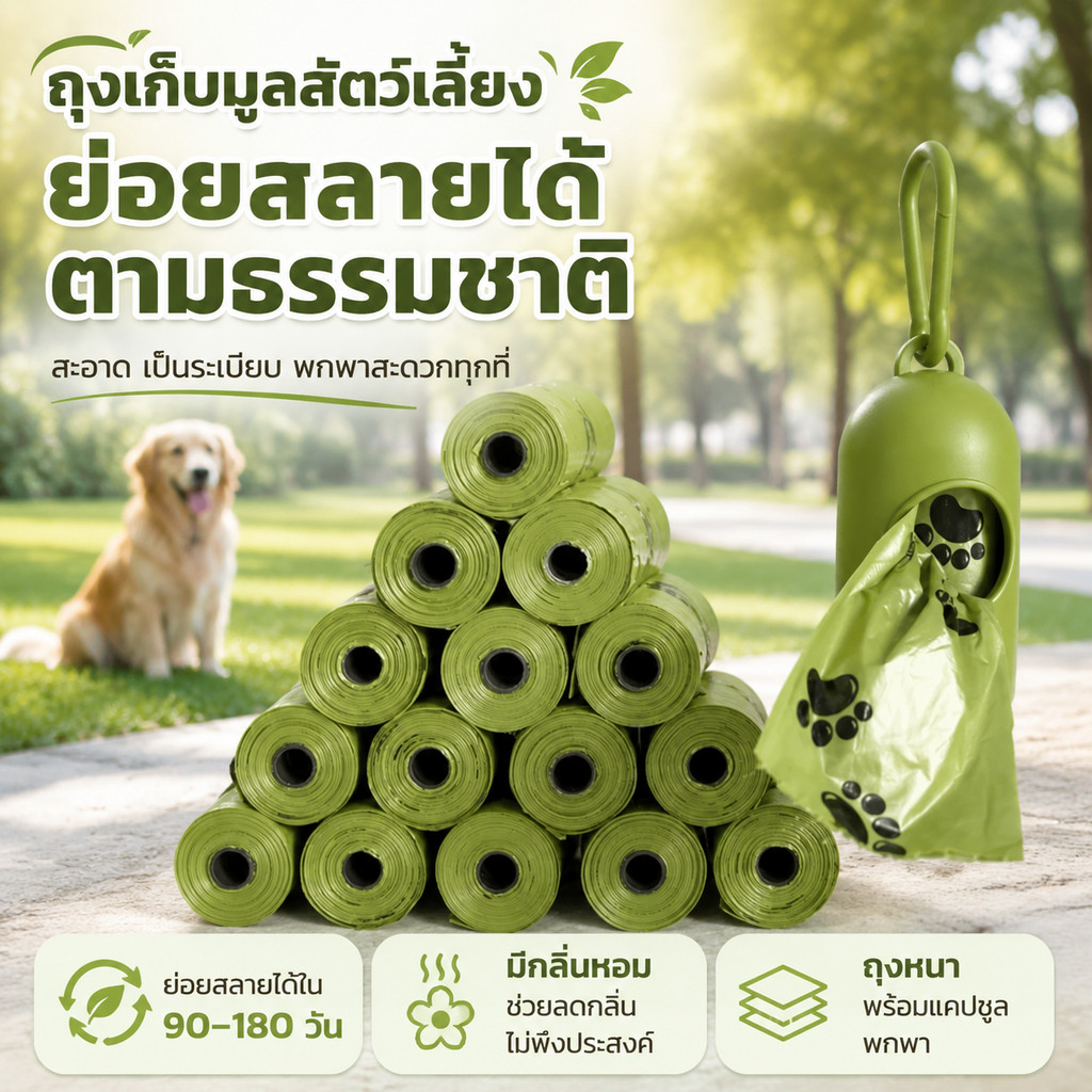 (12 ม้วน)ถุงเก็บมูลสัตว์ ถุงเก็บอึหมา ถุงขยะ เก็บอึแมว/สุนัขและสัตว์เลี้ยง ย่อยสลายได้ ย่อยสลายได้เองโดยธรรมชาติ