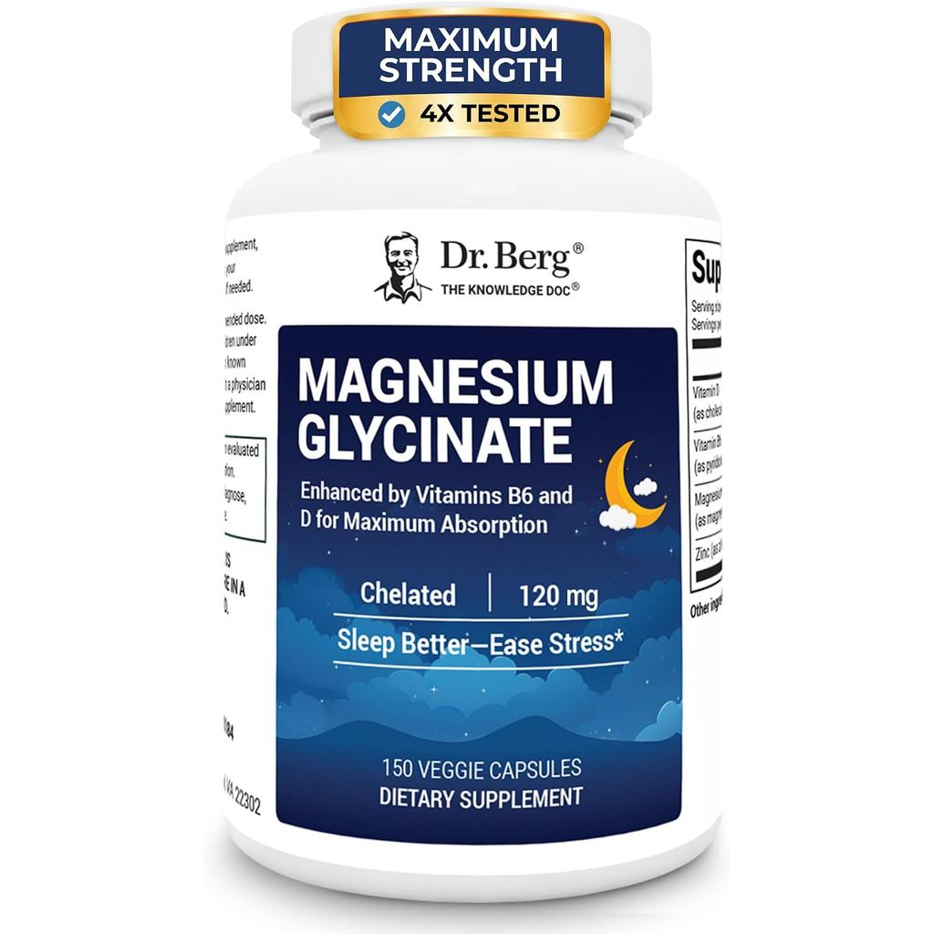 Dr.BergMagnesiGlycinate150ct–4-in-1Chelatedfor,Nerve,&Support*–w/D3,B6&Filler–Lice4Lab-Pested RVVJ-F