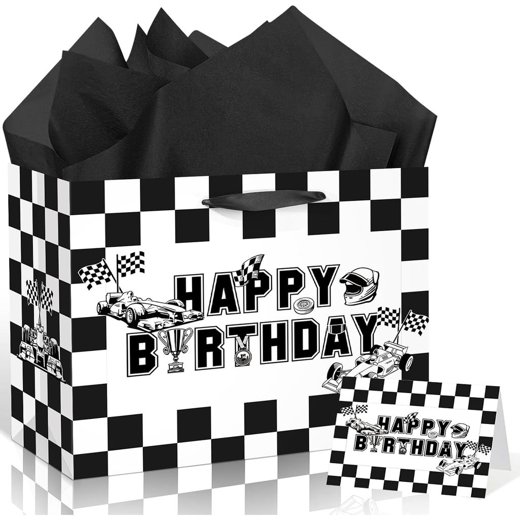 Wousytoo Race Car Gift Bag for Boys Black and White Checkered Gift Bag with Tissue Paper and Card Ha