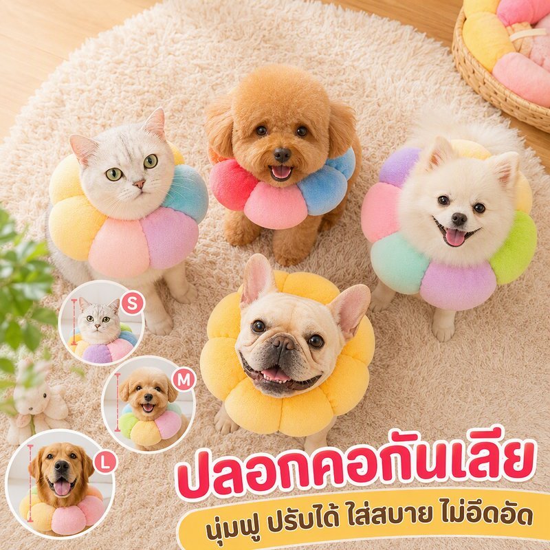 ปลอกคอกันเลีย แมว สุนัข ปลอกคอกันเลีย นุ่ม ผ้าฝ้าย แบบแครอท ดอกทานตะวัน ปรับขนาดได้