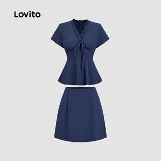 Lovito แคชชวล เสื้อหรือกางเกงทรงสวยหรูสำหรับใส่ไปทำงาน สไตล์คลาสสิกและใช้งานได้หลากหลาย ดีไซน์ระบายช่วงฤดูใบไม้ผลิ/ฤดูร้อน เสื้อหรือกางเกงสีฟ้าสำหรับผู้หญิง L154ED326