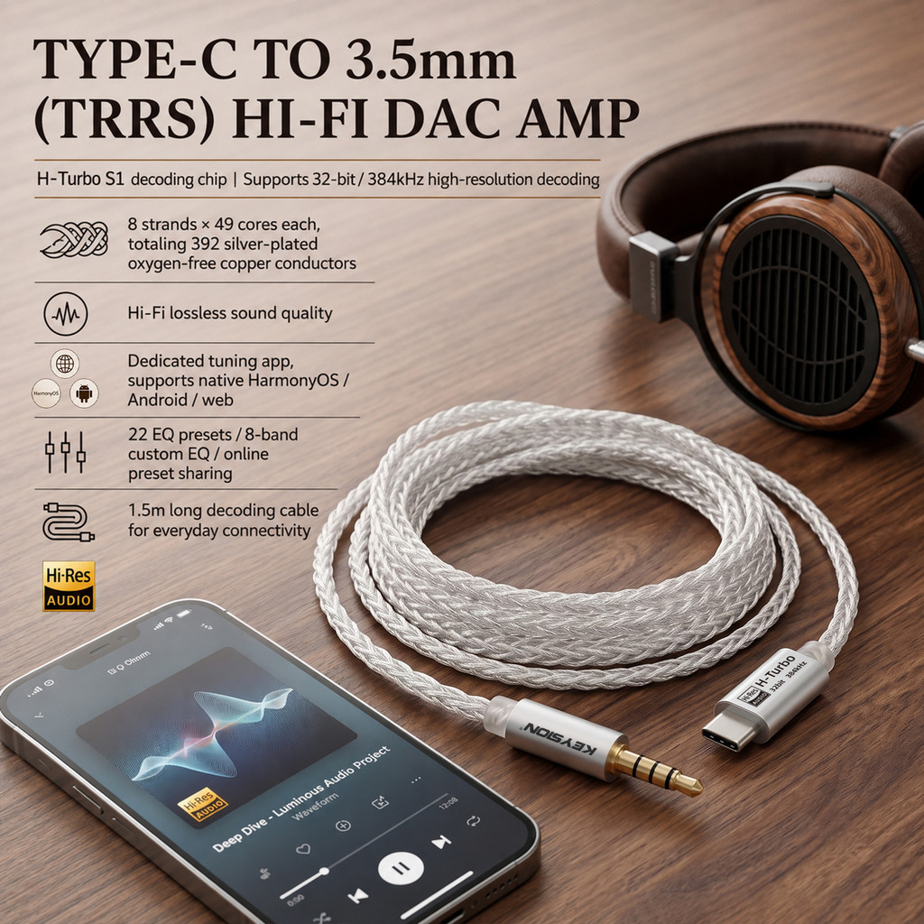 KEYSION USB ประเภท C ถึง 3.5 มม.TRRS หูฟัง AUX สายสัญญาณเสียง 32 บิต/384kHz HIFI DAC ถอดรหัสเครื่องข