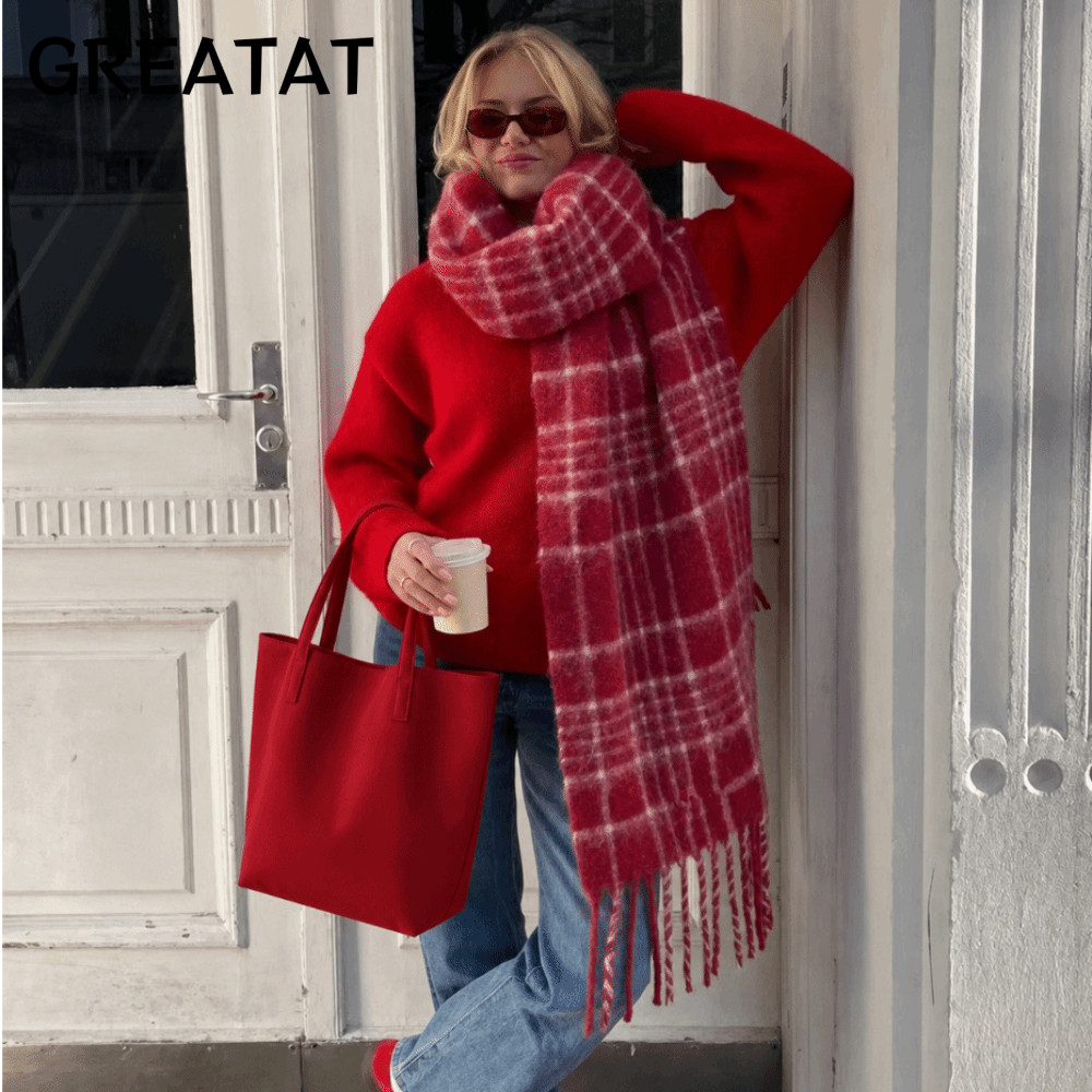 GREAT ลายสก๊อตผ้าคลุมไหล่,สีแดงขนาดใหญ่ความยาว Pashmina Neckerchief, แฟชั่นฤดูหนาว Warm Thicken ถักพู่ Foulard ผ้าพันคอสําหรับผู้หญิง