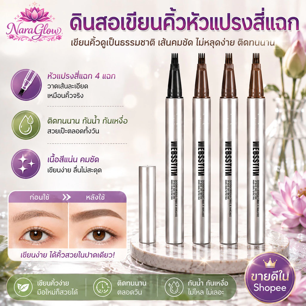 ดินสอเขียนคิ้ว หัวแปรงสี่แฉก/เขียนคิ้วดูเป็นธรรมชาติ วาดเส้นคิ้ว ติดทนนาน กันน้ำกันเหงื่อ/เนื้อดี เขียนง่าย เส้นคม
