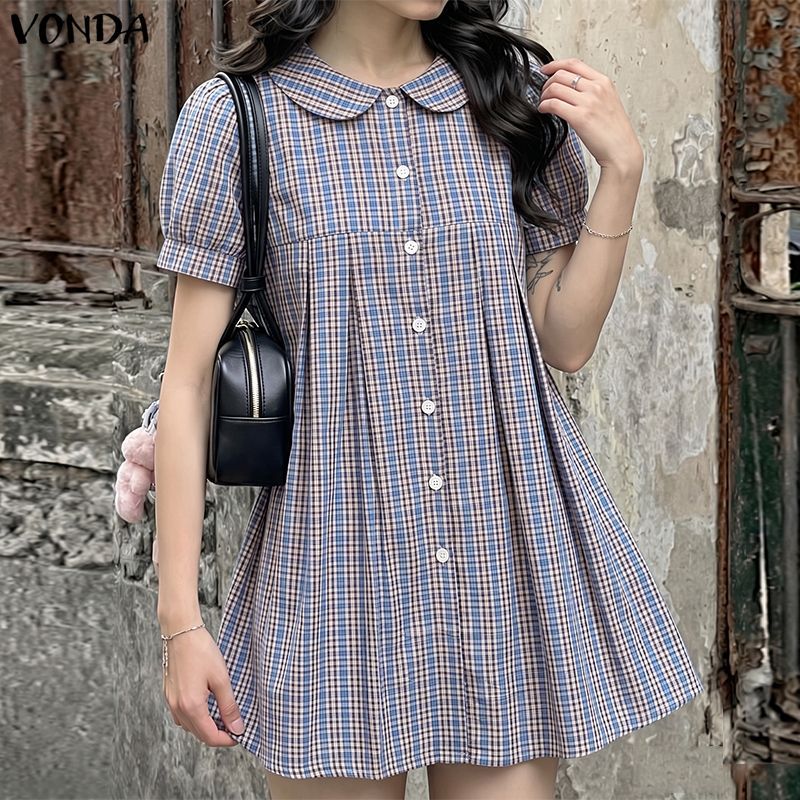 VONDA ผู้หญิง Girly สไตล์วิทยาลัยหวานลายสก๊อตสี Peter Pan Collar พัฟแขนสั้นปุ่มจีบเอวสูงหลวมชุดทอเส้น — صورة 6
