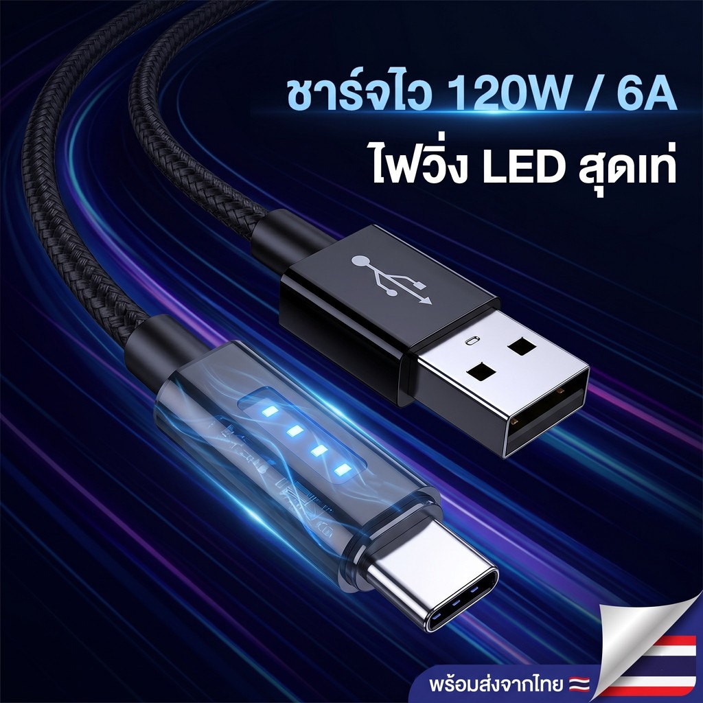 ายชาร์จด่วน 120W 6A ตัดไฟอัตโนมัติ สายถักไนลอน มีไฟ LED USB to Type-C ใช้สำหรับ IP Huawei Samsung Xiaomi OPPO vivo