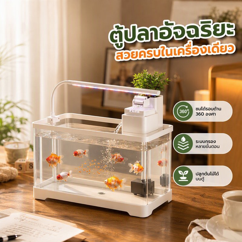 ตู้ปลา พาโนรามา 360 องศา พร้อมปั๊มน้ำ ไฟแท่งยาว ระบบกรองหลายชั้น ด้านบนปลูกพืช ชุดครบ
