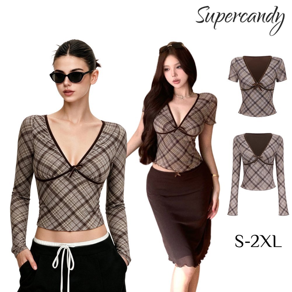 SuperCandy เสื้อแขนยาว/แขนยาวลายสก็อตคอวีผูกโบว์สไตล์เรโทรสุดเก๋สำหรับผู้หญิง ทรงเข้ารูปรับฤดูร้อน