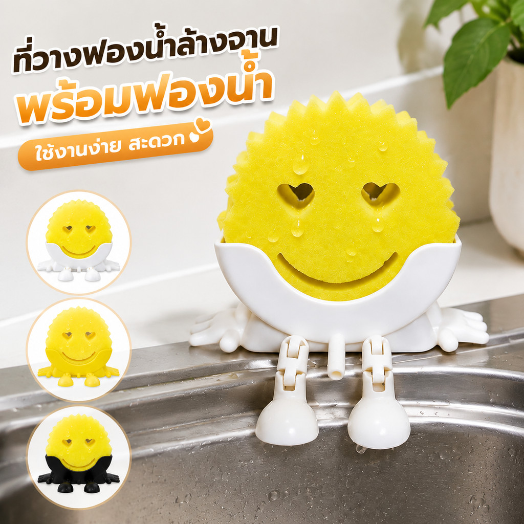 พร้อมส่งจากไทย ที่วางฟองน้ำอ่างล้างจาน ติดขอบซิงก์ ฐานกันลื่นระบายน้ำได้ดี ดีไซน์หน้ายิ้มน่ารัก จัดเก็บของอ่างล้างจาน