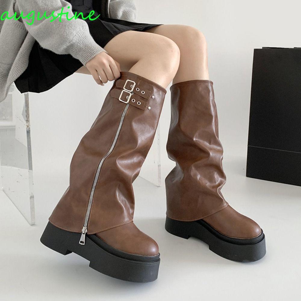 AUGUSTINE ผู้หญิง Biker รองเท้า, Y2K Punk ออกแบบใหม่ผู้หญิงเข่าสูง Booties, แฟชั่น Gladiator Street 