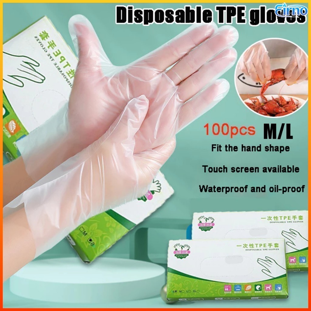 Firno ถุงมือ TPE แบบใช้แล้วทิ้งเกรดอาหารเพิ่มความหนาถุงมือป้องกันห้องครัวแบบถอดได้100ชิ้น