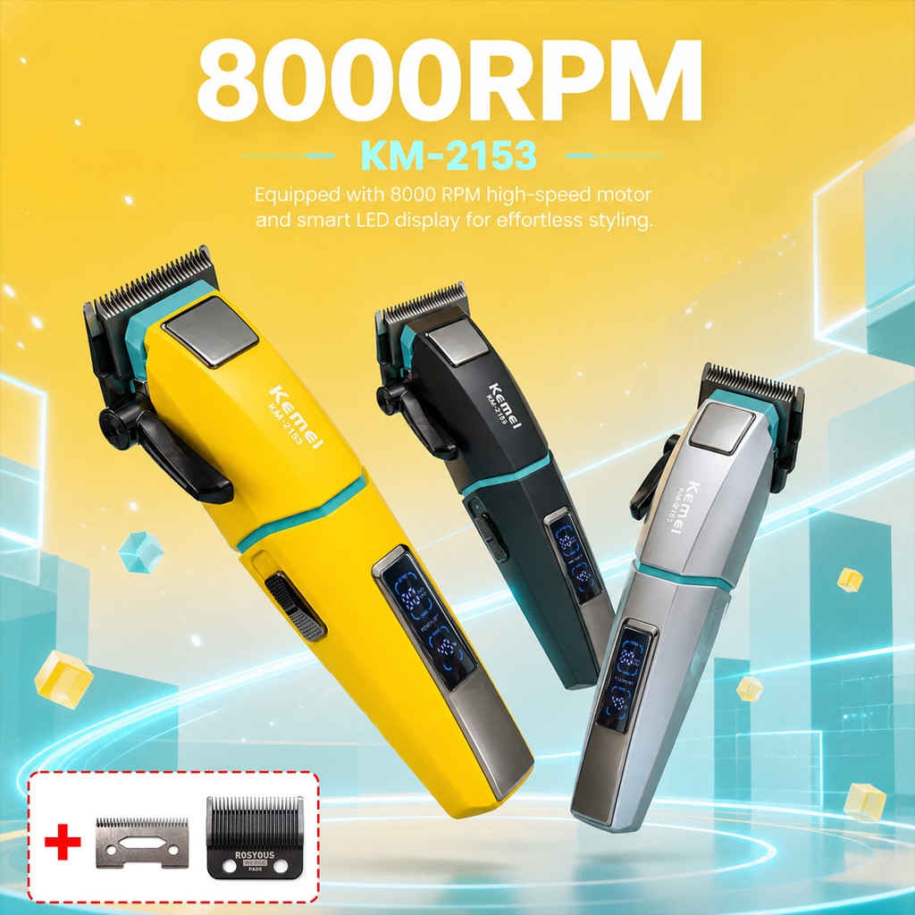 Kemei KM-2153 ผู้ชายผม Clipper Fade ใบมีดจอแสดงผล LED 8000RPM 2000mAh 2-Speed 5W DC มอเตอร์เครื่องตัดผมมืออาชีพ