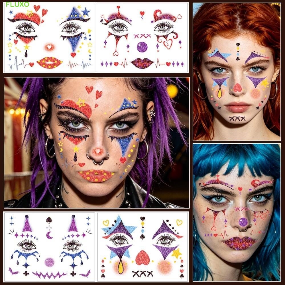FLUXO 4 ชิ้นฮาโลวีน Joker TATTOO สติกเกอร์, Glitter Joker กันน้ํา Joker Blush ชั่วคราว Tattoo, Freck