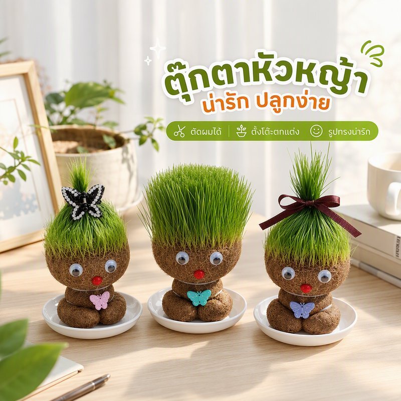 ตุ๊กตาหัวหญ้า DIY หญ้าแมว ปลูกหญ้าในตุ๊กตา ตัดผมได้ ของเล่นเด็ก งานฝีมือ ตกแต่งโต๊ะ
