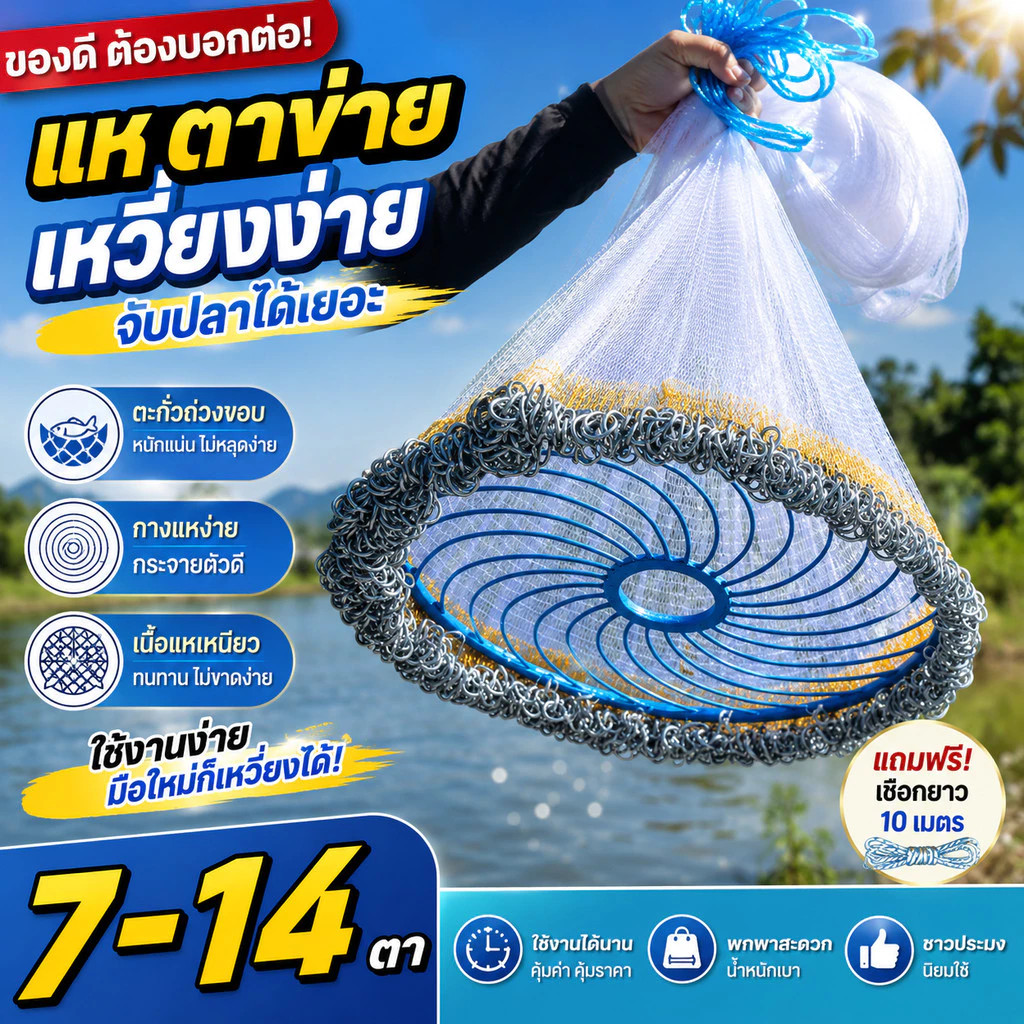【COD พร้อมส่ง】แหฝรั่งจานบิน 4/5/6/7/9.6ศอก แหจับปลาแหหว่านปลา โยนได้ไกล ตาข่ายแข็งแรงทนทาน ใช้งานง่าย ราคาถูก