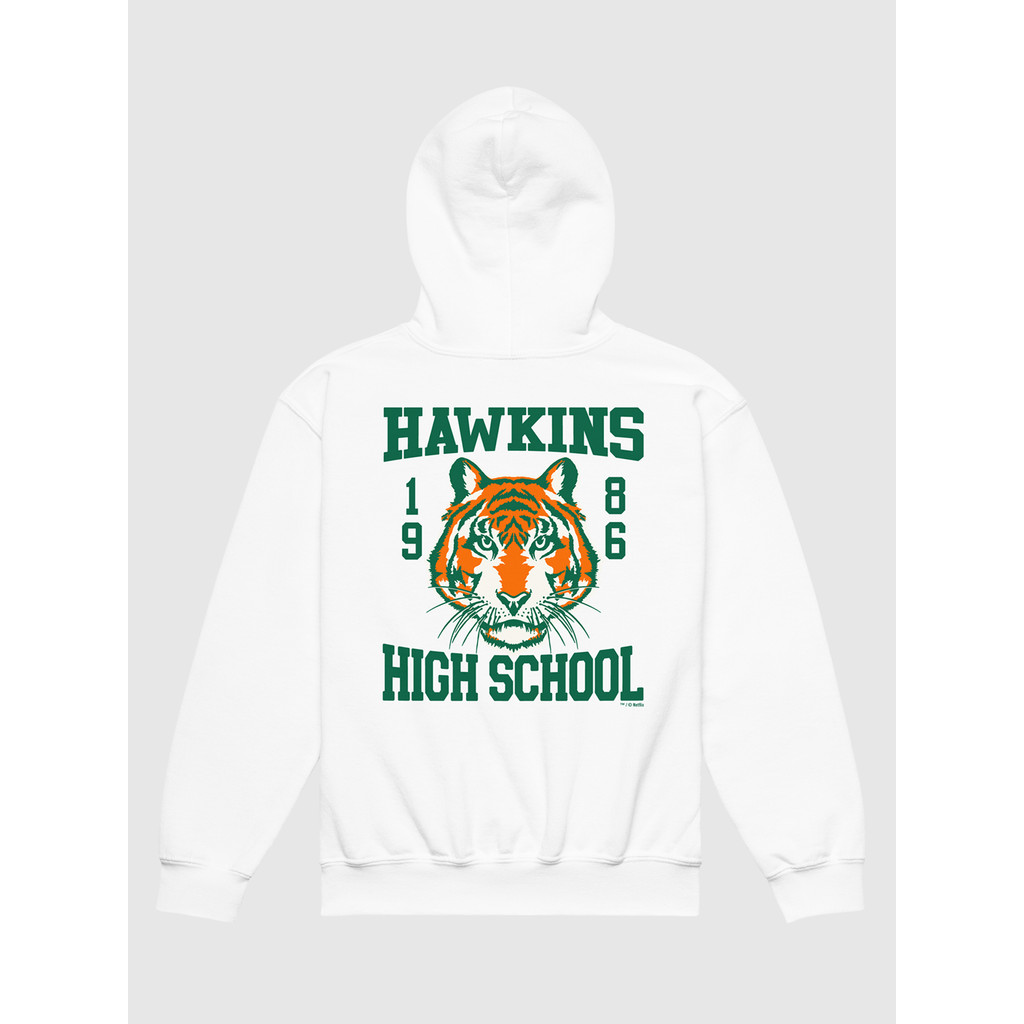 เสื้อฮู้ดมีตัวอักษร Hawkins และลายหัวเสือ สินค้าจากซีรีส์ Stranger Things โรงเรียน Hawkins High Scho