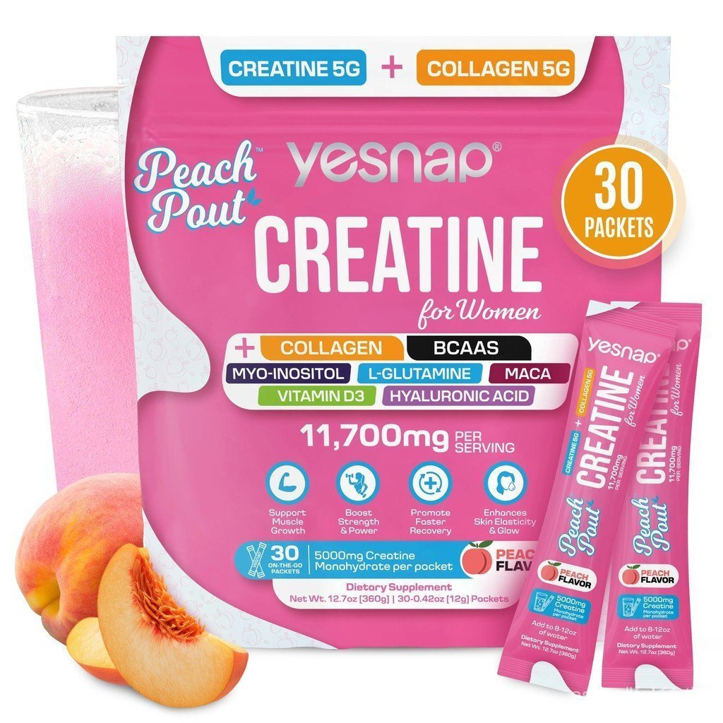 YESNAP รสพีชหญิง Creatine, 5g Creatine Monohydrate+5g ผงคอลลาเจน, Inositol and Branched Chain Amino 