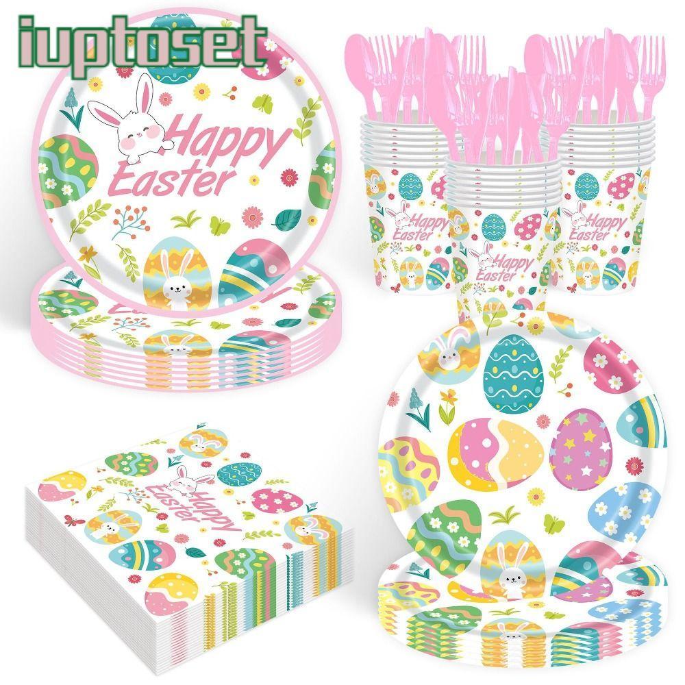IUPTOSET Easter Disposable Tableware, Plastic Fork Bunny อาหารเย็น, Fashion Paper Plates Dessert Dis