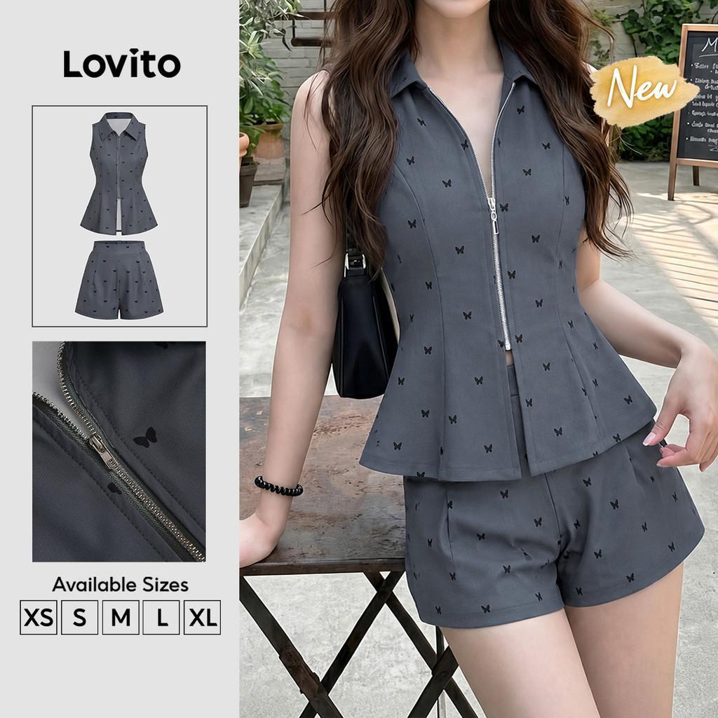 (New Arrival) Lovito เสื้อหรือกางเกงสีเทาแบบกระดุมหน้าหรือหลังสําหรับฤดูใบไม้ผลิ/ฤดูร้อนสําหรับผู้หญิงลายซิปสง่างาม SHK8P2D575