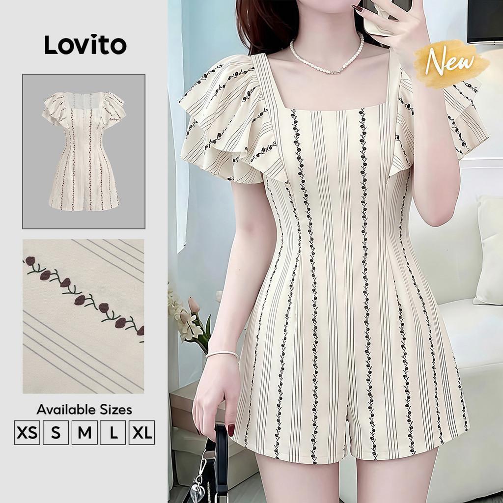 (New Arrival) Lovito จั๊มสูทผู้หญิงสีขาวงาช้าง สไตล์หรูหราสองชั้นระบาย โครงสร้างสวยงาม เหมาะกับฤดูใบไม้ผลิและฤดูร้อน JRB203TD152