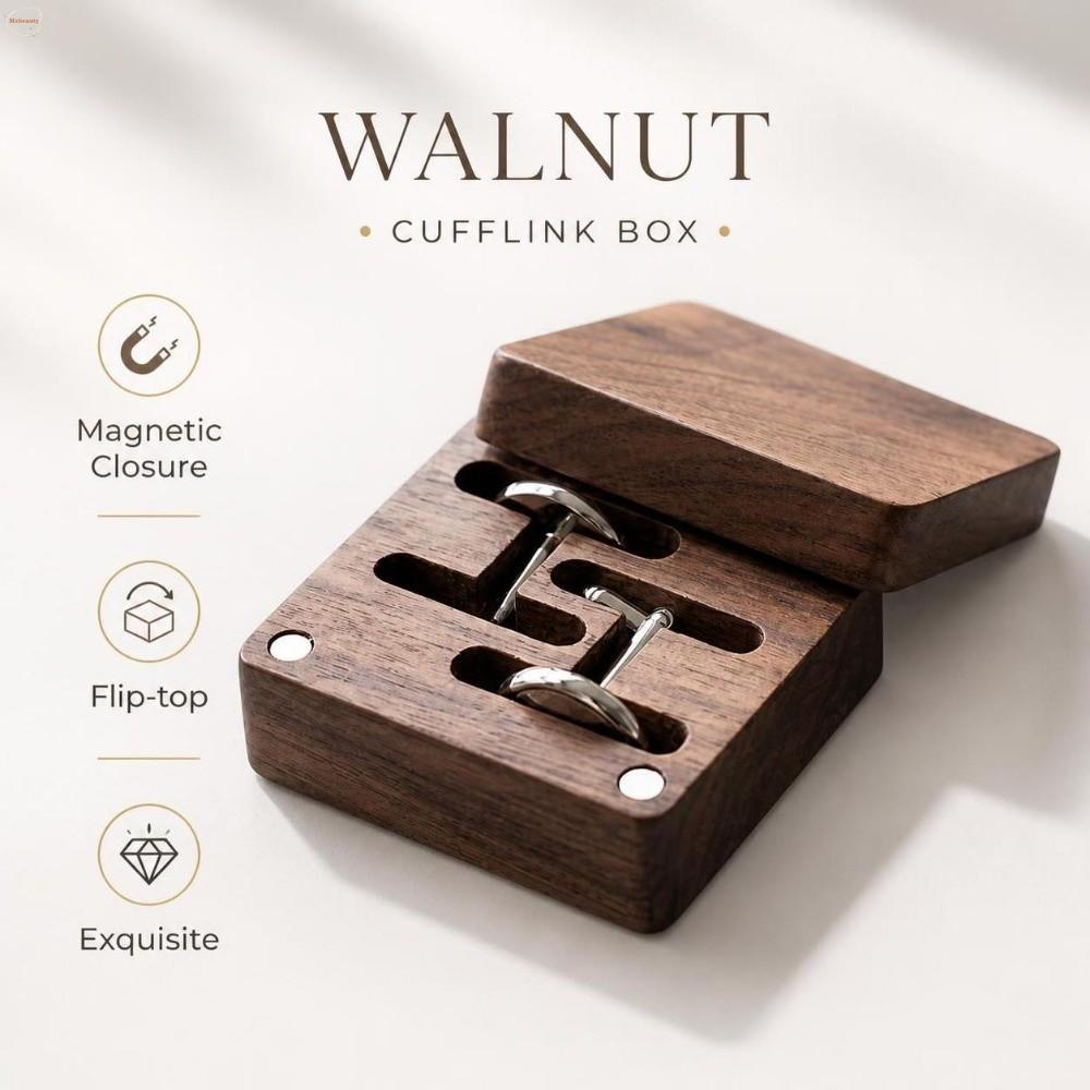 MXBEAUTY วอลนัท Cufflink กล่อง, Flip-top แม่เหล็กปิด Cufflink Organizer, ของขวัญสําหรับเขาประณีตส่วน