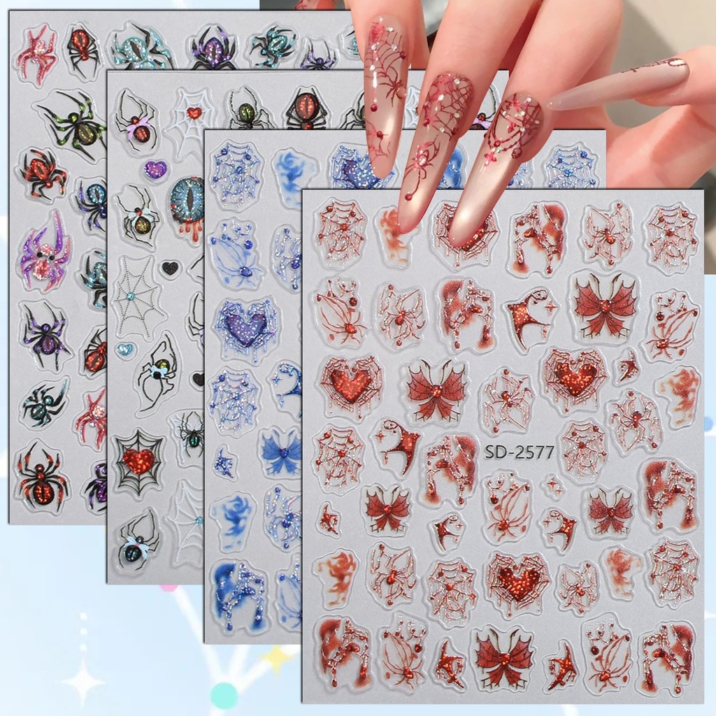 2/4/8 แผ่น 5D ฮาโลวีน Spider Web Heart Bow Glitter Eye Gothic Y2K Creepy น่ารัก Self-Adhesive เล็บสต
