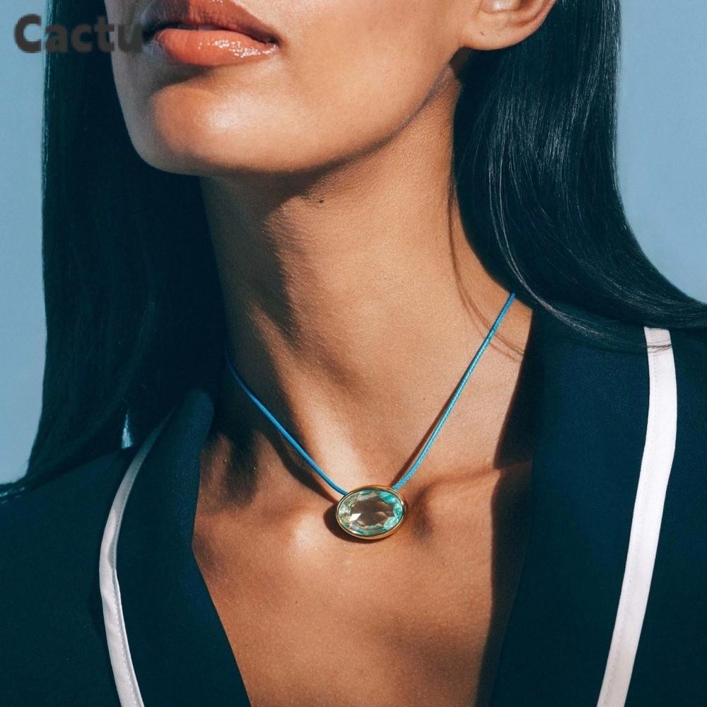 CACTU สร้อยคอจี้คริสตัล, ขี้ผึ้งที่มีสีสันสายบางทอง BEZEL Choker, อินเทรนด์ Gold Bezel การตั้งค่าขนา