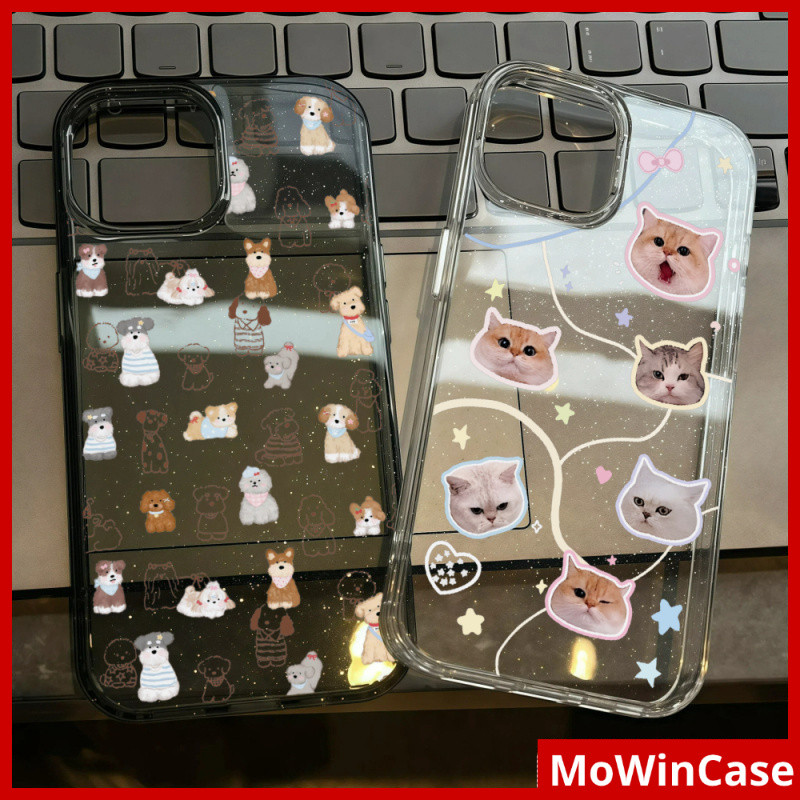 โมวิน - เคส ทีพียู แบบใสพร้อมผงกากเพชร ใช้ได้กับเคส iPhone 11 เคส iPhone 16 Pro Max แมวและสุนัขน่ารัก