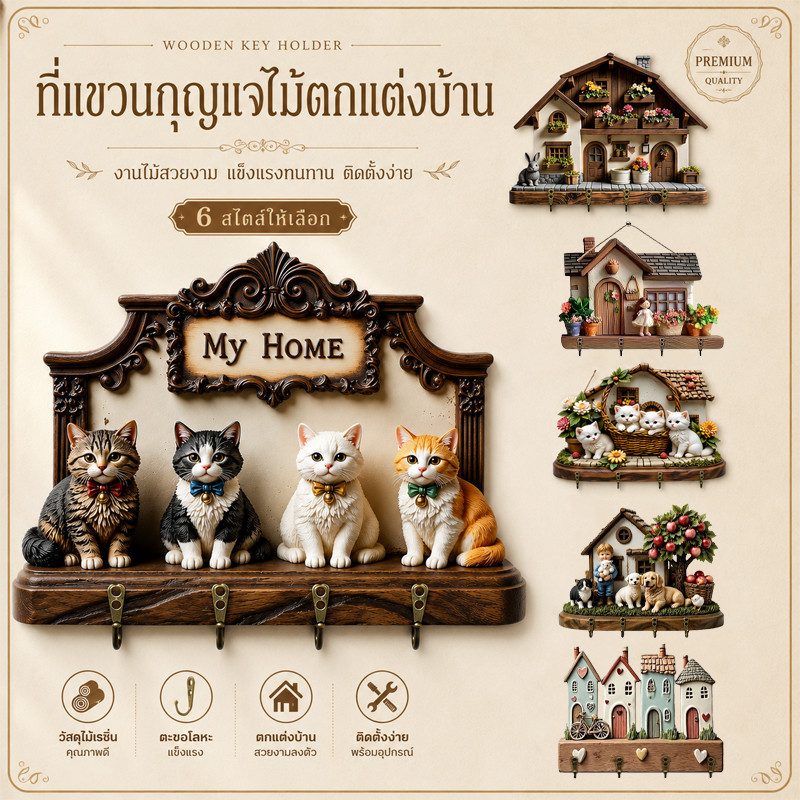 ชั้นวางกุญแจไม้สไตล์วินเทจ 2D ที่แขวนกุญแจติดผนัง ที่แขวนกุญแจสร้างสรรค์ ชั้นวางตะขอกุญแจ งานดีไซน์เก๋ ของตกแต่งบ้าน