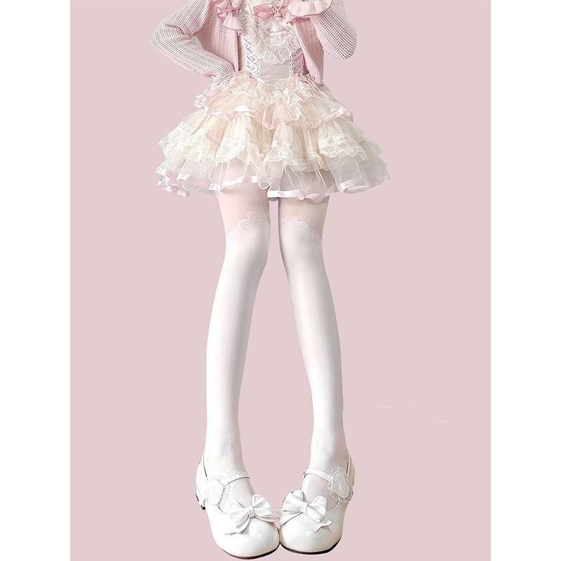 Lolita玫瑰拼接丝袜女碎花纯欲风奶白色连裤袜百搭花边J* K打底袜子Sweet Lolita Lolita Pantyhose Lolita Socks French Palace Style