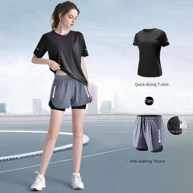 Sports Suit Women's Summer Marathon Running New Yoga Ice Silk Quick Drying Clothes Short Sleeve Trai