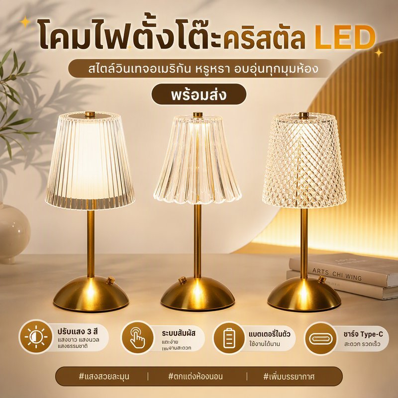 โคมไฟตั้งโต๊ะ โคมไฟหัวเตียง LED ปรับความสว่างได้ 3สี ปุ่มสัมผัส แบบพกพา tablelamp สามารถใช้เป็นของขวัญวันเกิดได้