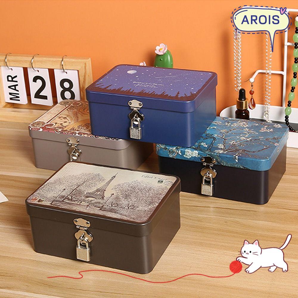AROIS กล่องชุบดีบุก, วินเทจ ของใช้ในครัวเรือน กล่องเก็บของบนโต๊ะ, พร้อมกุญแจล็อค จุได้มาก กล่องเปล่าใส่ของ