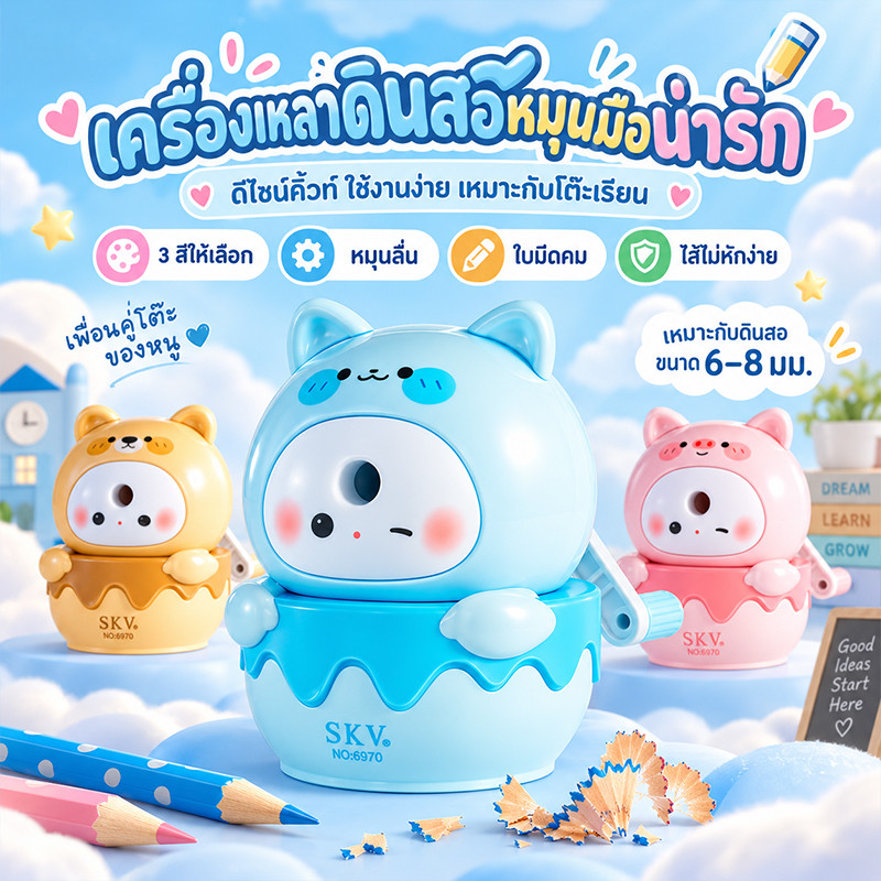 เครื่องเหลาดินสอแบบหมุน ลายสัตว์น่ารัก ป้อนดินสออัตโนมัติ ใบมีดคม รองรับดินสอ 6-8 มม. ใช้งานง่าย