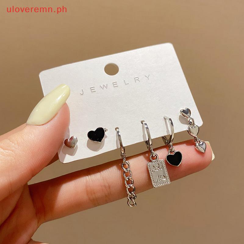 Uloveremn 6 ชิ้น Y2K ต่างหูหัวใจสีดําชุดสําหรับผู้หญิงสาว Vintage Aesthetic Studs เครื่องประดับอินเท