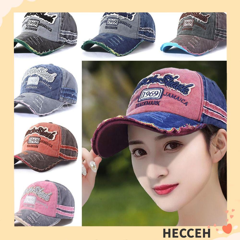 HECCEH Distressed Faded Cap กีฬากลางแจ้ง WASHED DENIM หมวกกันแดดแบบปรับได้
