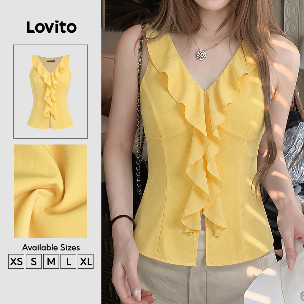 Lovito เสื้อลำลองสไตล์ Y2k คอระบาย สีเหลือง สำหรับผู้หญิง เหมาะสำหรับฤดูใบไม้ผลิ/ฤดูร้อน TKK8P1D528