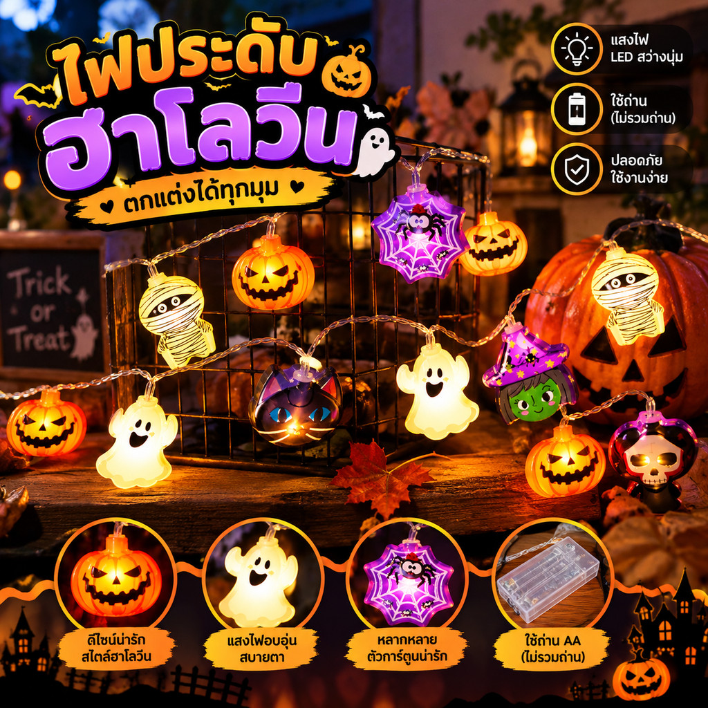 🎃ส่งไว ไฟประดับ Halloween LED 1.5/3M รูปฟักทองผี ไฟสายใช้แบตเตอรี่ แขวนง่าย ดีไซน์น่ารัก แต่งห้องร้านค้าปาร์ตี้