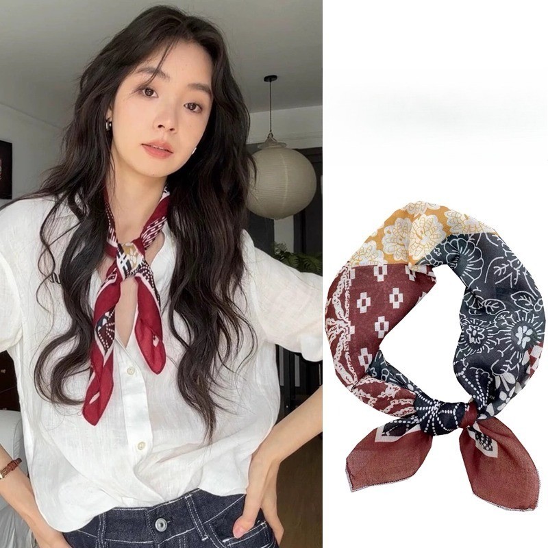 ผ้าพันคอสามเหลี่ยมสไตล์ฝรั่งเศสย้อนยุค สำหรับสุภาพสตรี ทำจากไหมเนื้อนิ่ม