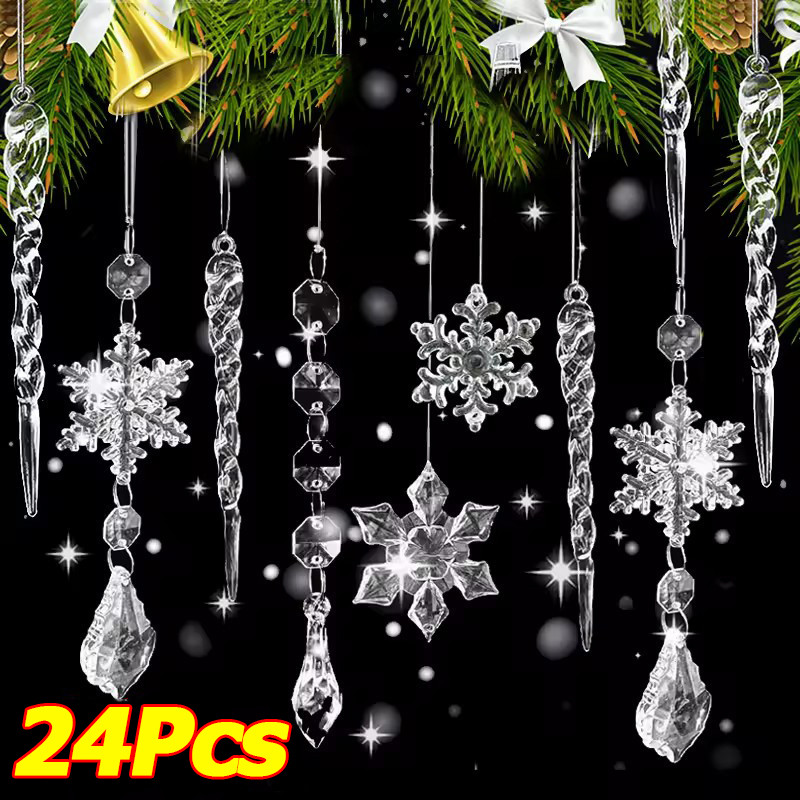 3-24 ชิ้นคริสต์มาสอะคริลิคใสเกล็ดหิมะ Icicle จี้/ต้นคริสต์มาสแขวนเลียนแบบอะคริลิค Drop เครื่องประดับ