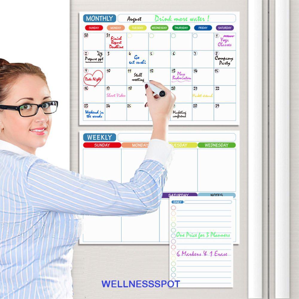 WELLNESSSPOT สติ๊กเกอร์ตู้เย็นยืดหยุ่น A3 ไวท์บอร์ดรายการของชําแผนทํางาน Magnetic Month Planner